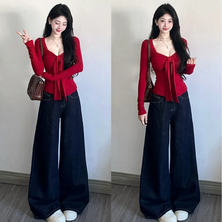 2025早春季时尚新款韩系新年红设计感小众洋气上衣显瘦百搭裤子女