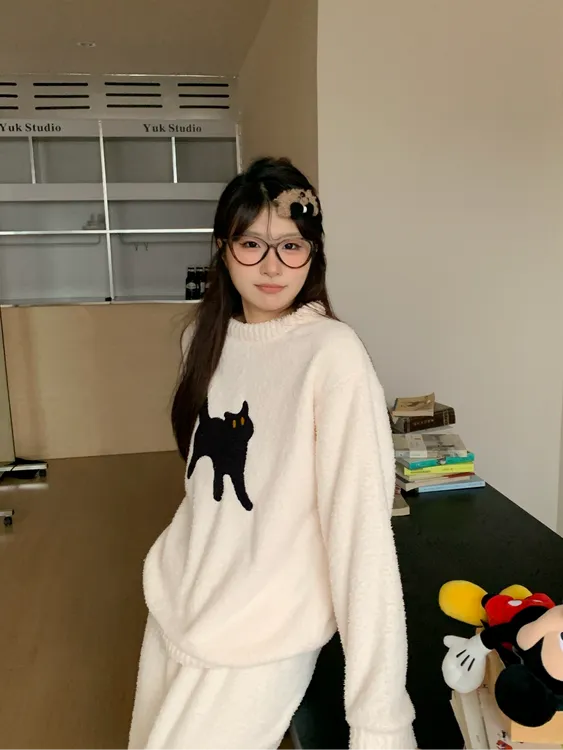 ins睡衣女冬半边绒加厚加绒卡通猫咪可爱软糯糯秋冬季家居服套装