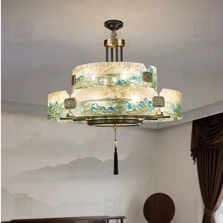 【锦绣山河】宋式美学新中式珐琅彩吊灯大气别墅轻奢餐厅全铜灯具
