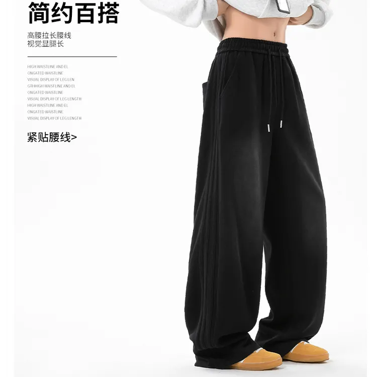 美式简约男式直筒裤ins潮流休闲裤日系裤子春秋水洗高克重三条杠