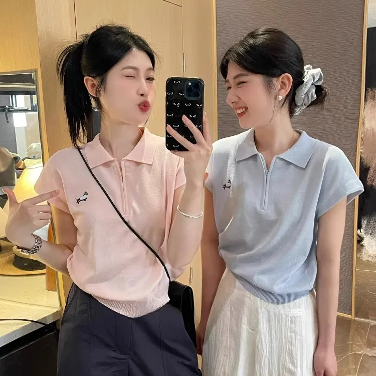 韩系蓝色半拉链polo领针织短袖t恤女夏季小个子短款冰丝上衣正肩