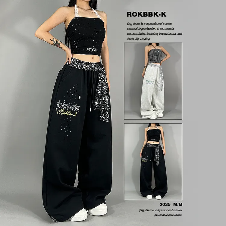 ROKBBK-K布韩街舞潮牌水钻字母hiphop小众设计感休闲裤女爵士舞