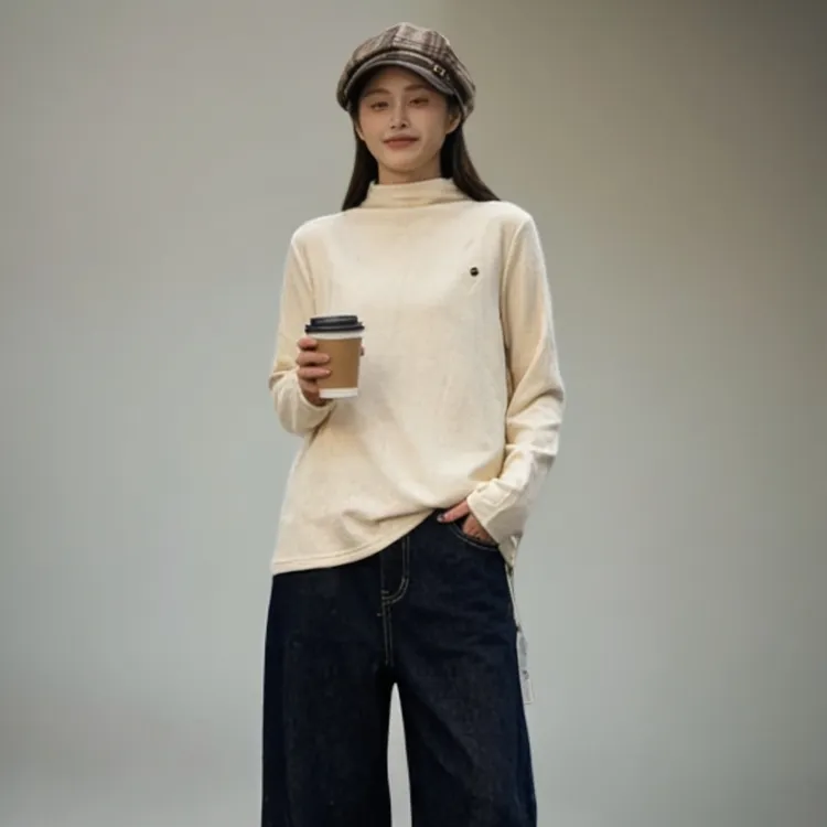 纽扣柔软绒秋冬韩版纯色舒适保暖半高领休闲宽松长袖上衣打底衫