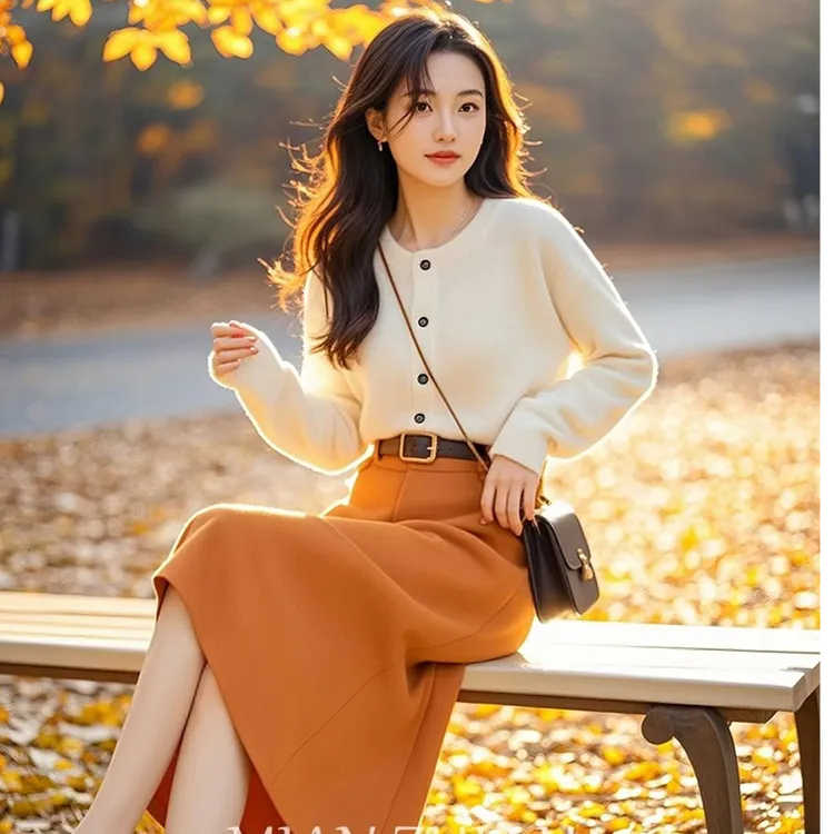 茶系穿搭一整套美拉德小洋装高级感小香风针织毛衣连衣裙套装秋冬