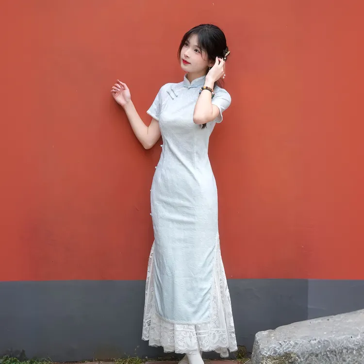 新款改良年轻款新国风少女旗袍春夏清冷新中式蓝色修身显瘦连衣裙