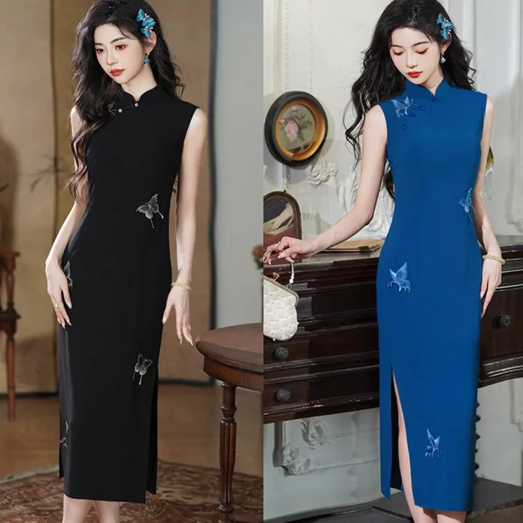 【绮琴】刺绣黑色无袖国风长款中式旗袍改良年轻2025新款女复古夏季