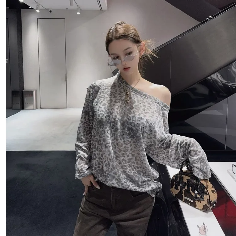 2025早秋小众设计师慵懒风豹纹长袖T恤女薄款辣妹性感上衣宽松裤 