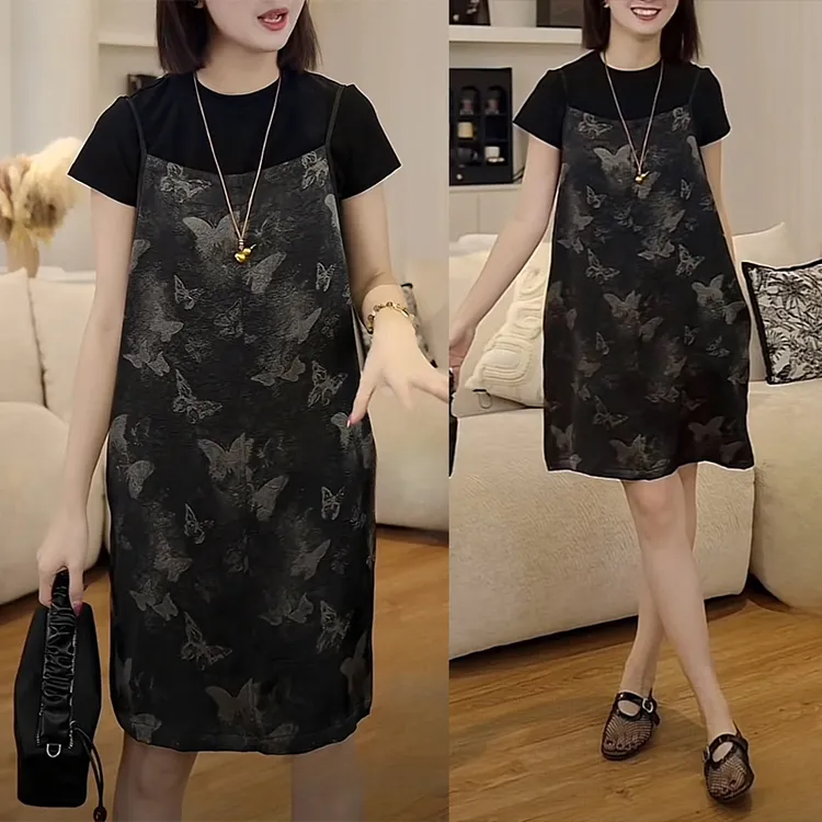 2025夏季高级感上衣蝴蝶印花背带裙两件套