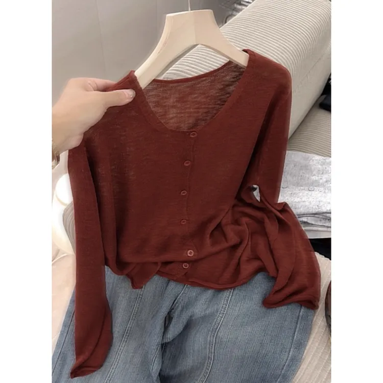 3343【方领简约开衫】秋季新品韩版薄款针织衫女士优雅上衣