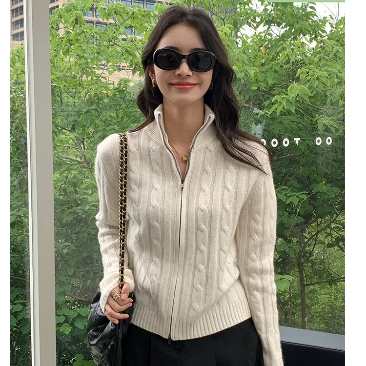 顺仕羊高领拉链打底衫女立领羊毛衫开衫秋冬麻花宽松毛衣针织外套