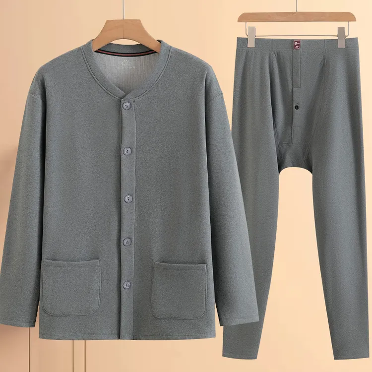 男士德绒加厚保暖开衫秋衣秋裤套装系扣对襟宽松大码爸爸内衣