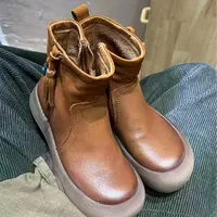 【半奏】串珠侧拉链圆头复古短靴棕色时尚真牛皮女靴 正码正拍