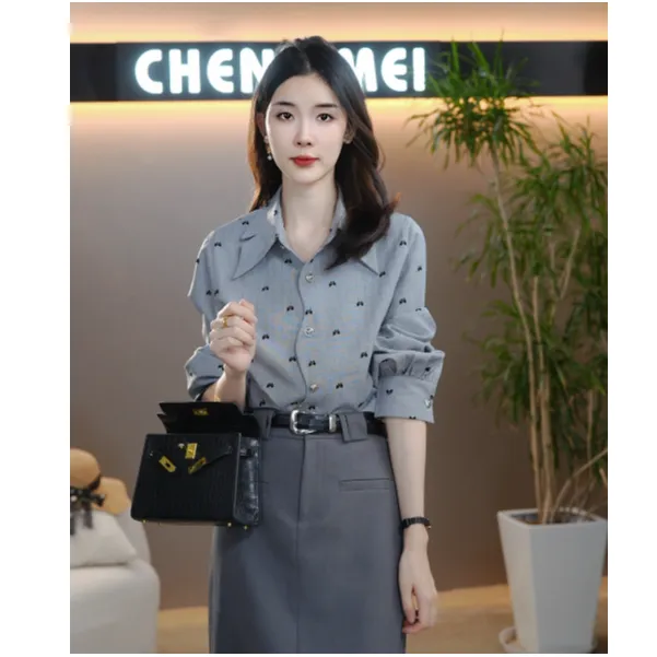 CYM1128气质小清新蝴蝶结印花衬衫2024秋季新款上衣衬衣长袖时尚