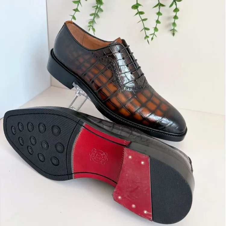 防滑系带鳄鱼皮尖头休闲皮鞋正装八字缝檫色（黄）