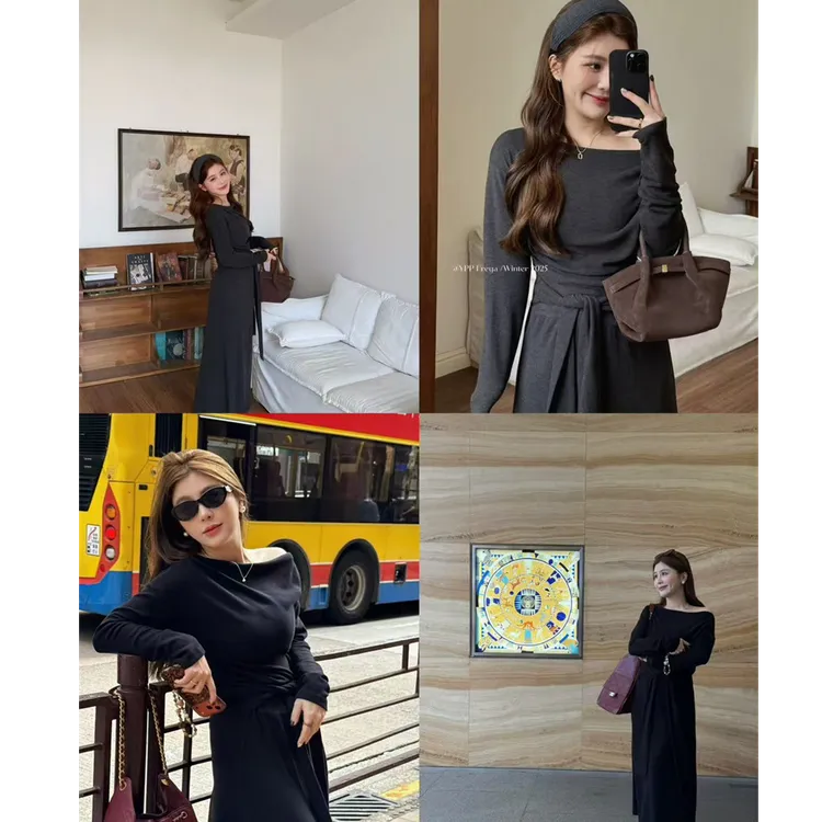 YPP!【静享气质】韩系慵懒感气质斜肩宽松系带收腰显瘦连衣裙