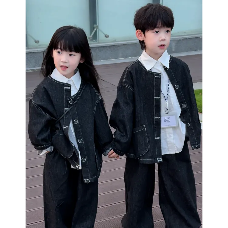 男女童牛仔套装秋款休闲纯色宽松2025春秋新款儿童两件套潮