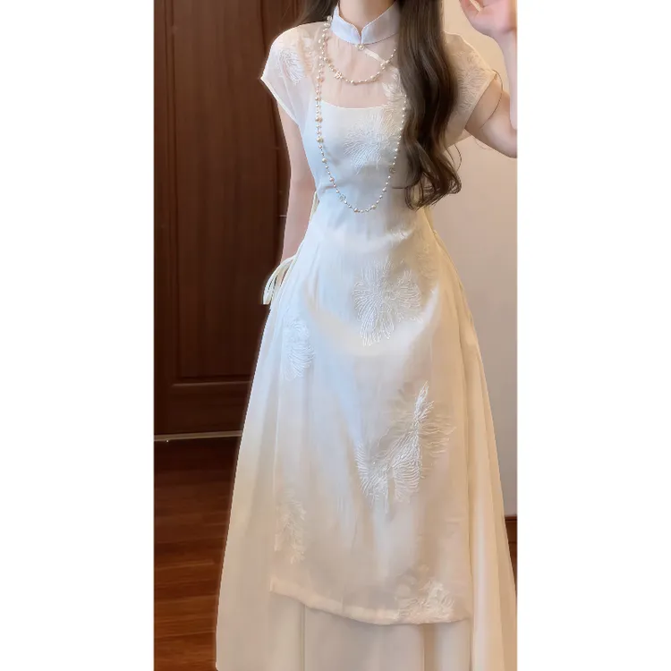 新中式国风温婉清冷感重工刺绣旗袍罩衫&内搭吊带连衣裙9574