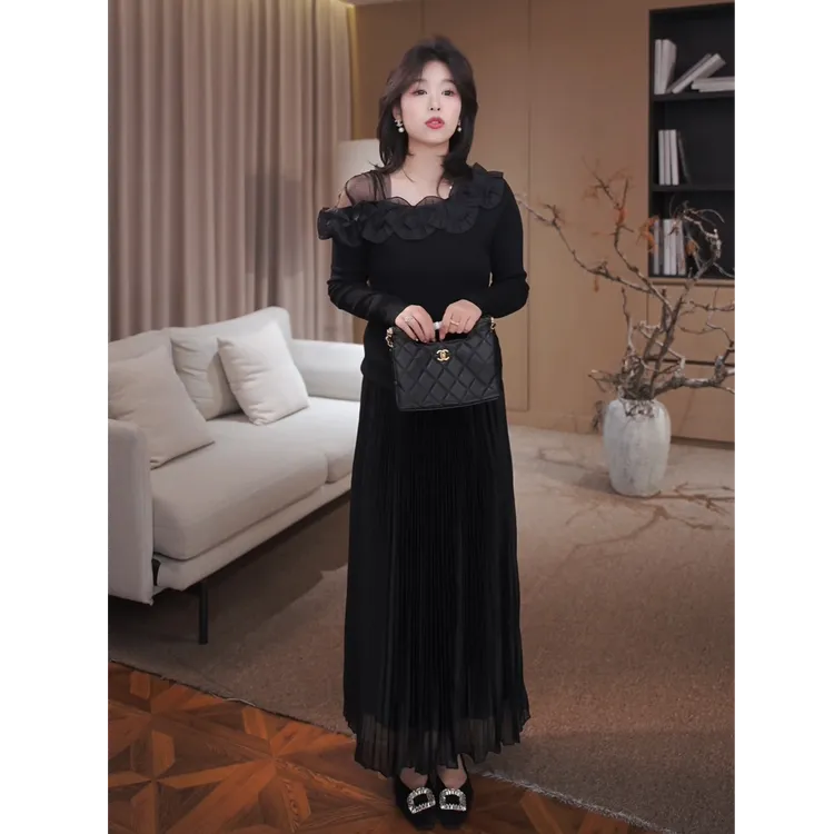 广州琴姐【优雅纪事】中长款黑色显瘦高腰大摆裙百褶半身裙子女6806