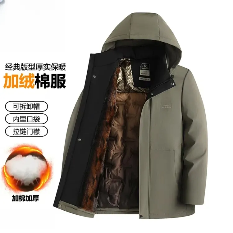 男士秋冬新款棉服可拆卸连帽商务休闲棉衣爸爸装加厚保暖棉袄潮