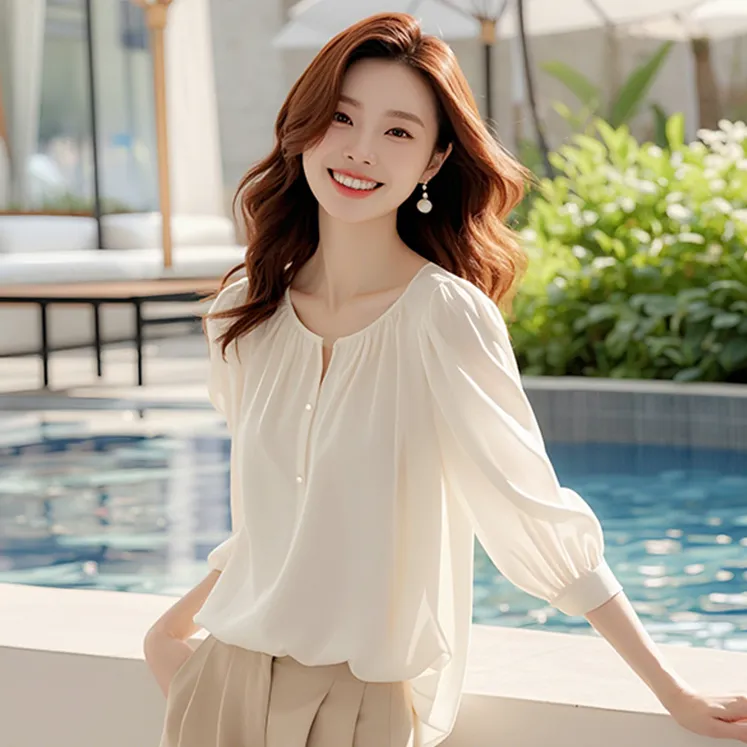 小清新雪纺衬衫女夏季2025新款洋气质时尚宽松衬衣七分袖显瘦上衣