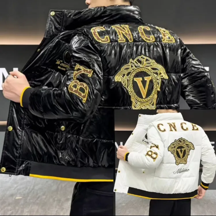 欧洲站冬季新款男士潮流时尚帅气百搭亮面刺绣立领保暖棉服外套