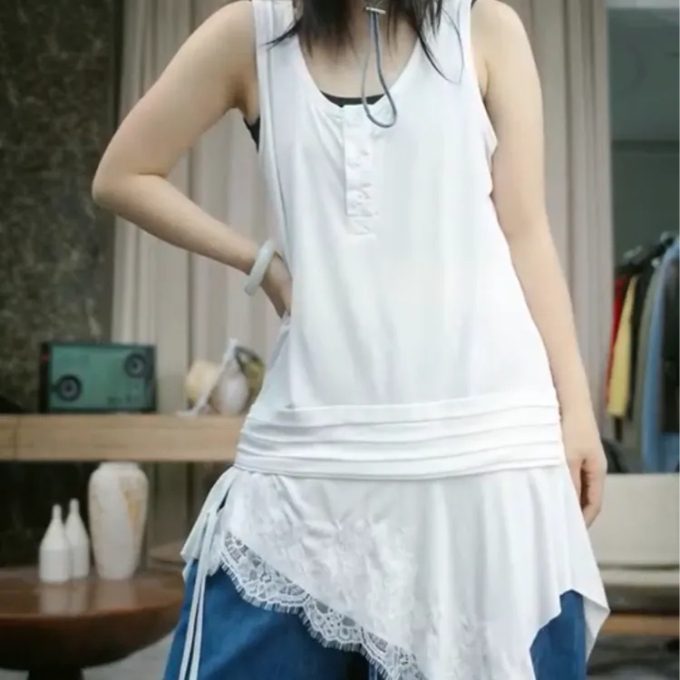 infobyfive秋冬纸片人拼接蕾丝半开衫不规则U领背心裙NF0505018