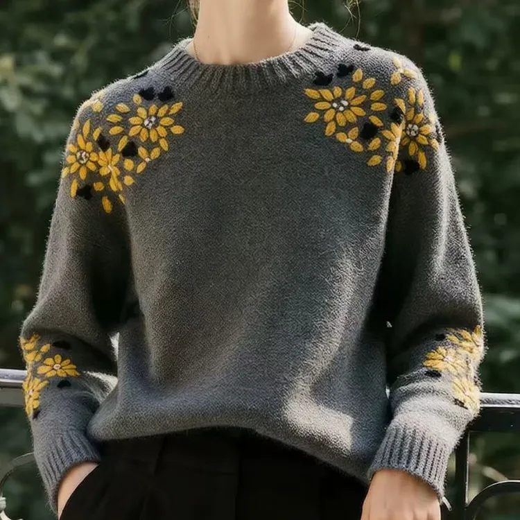 【桑蚕丝羊毛】秋冬新款提花百搭宽松圆领女装针织打底衫毛衣906Z