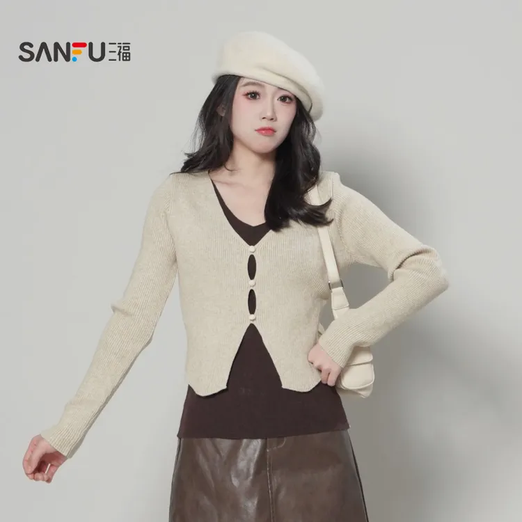 三福 冬季显瘦长袖秋冬设计感百搭假两件厚打底上衣 516640