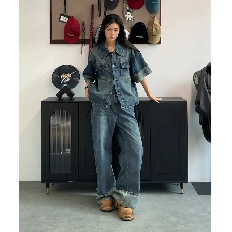 小众美式复古设计感套装牛仔短袖夹克套装拼接牛仔裤宽松百搭男女