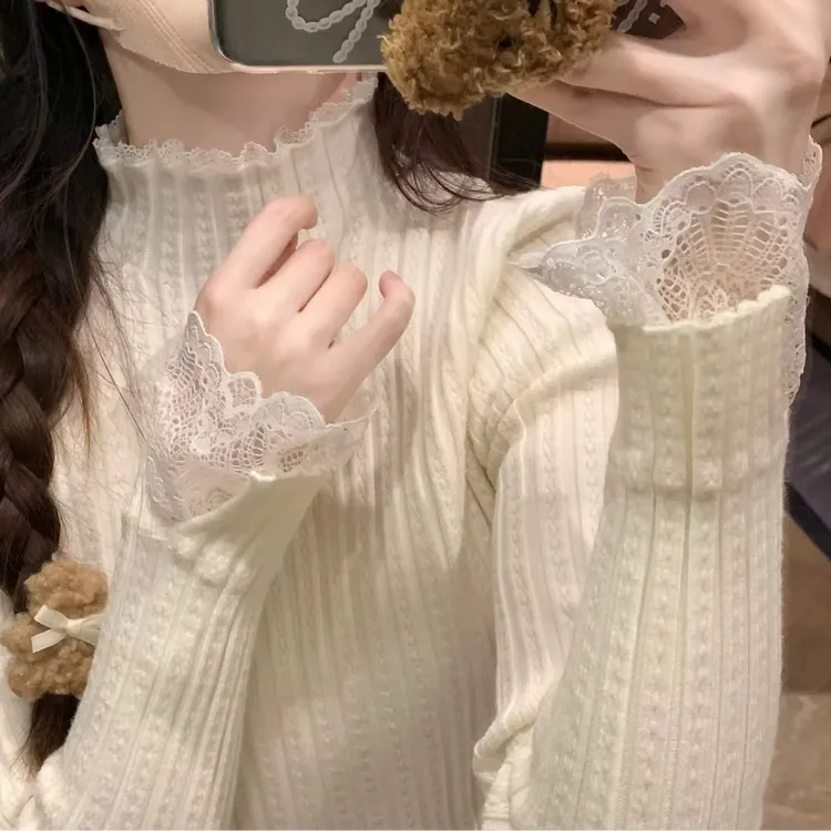 毛衣女2025年秋冬季新款蕾丝半高领长袖百搭洋气针织打底衫女T878
