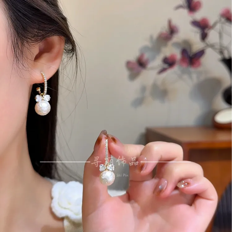 寻丽 铜合金耳饰 气质温柔锆石蝴蝶结棉花珠耳环