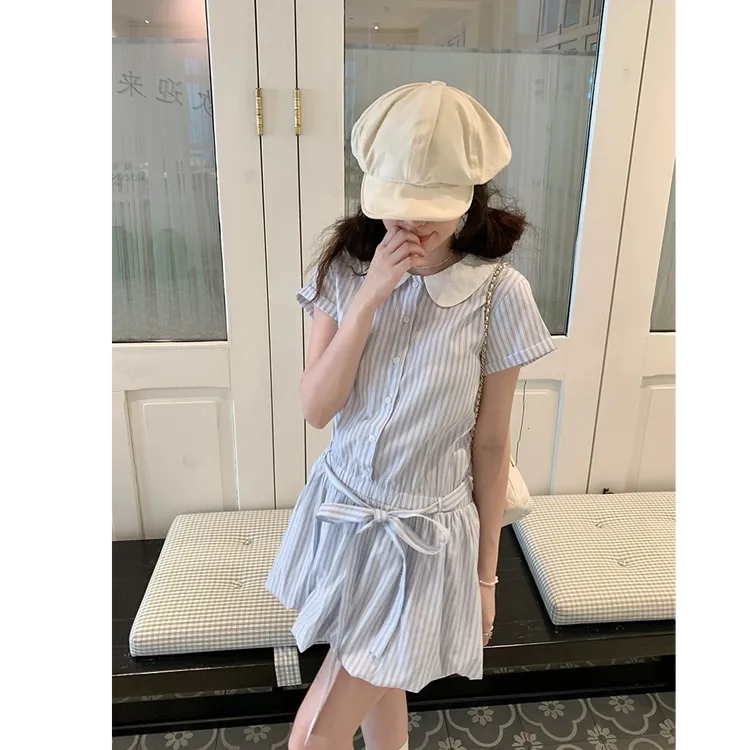 飞行日记 蓝色条纹短袖连衣裙女夏设计感收腰洋气娃娃领花苞裙子