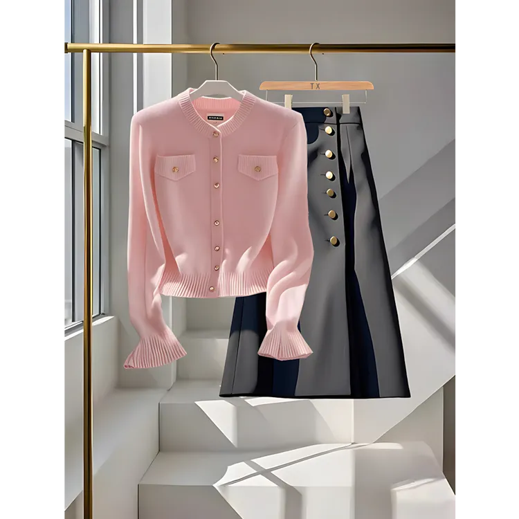 法式早秋新款减龄显瘦气质一整套针织长袖百搭开衫A字高腰半身裙