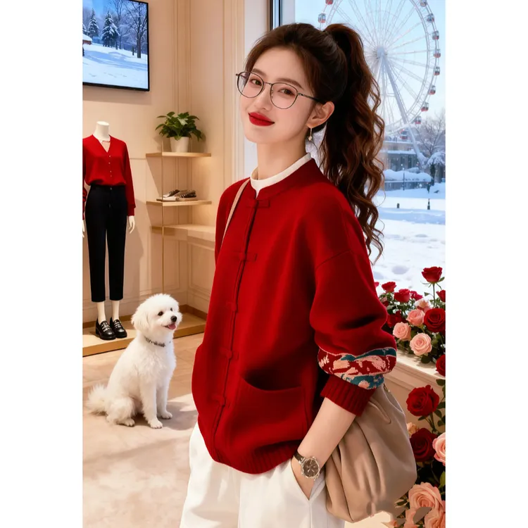 春秋款高级感超好看慵懒风独特别致新中式国风红色针织衫2025女
