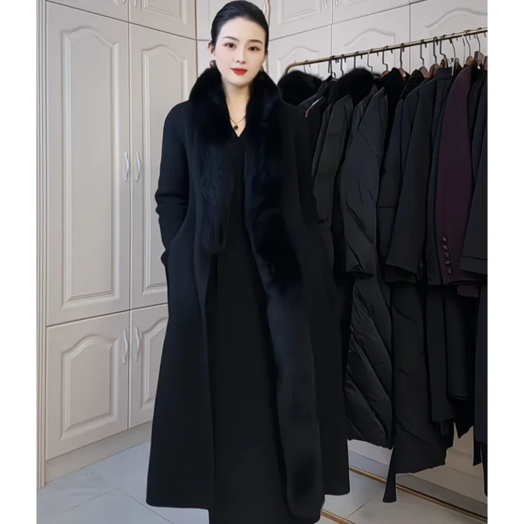 春秋新款定制高端气质狐狸毛领双面澳洲羊毛大衣中长款2102