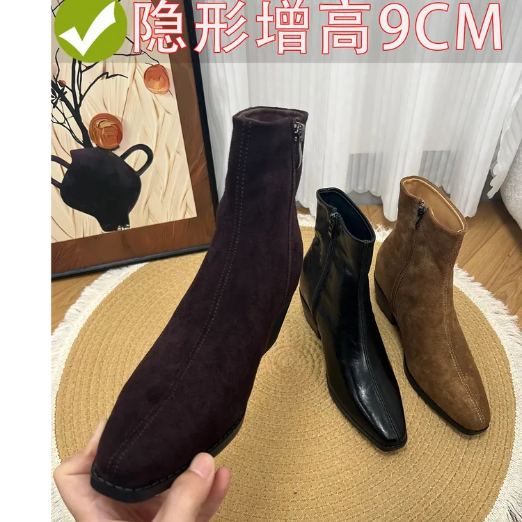 真皮~2025新款复古短靴女粗跟内增高尖头靴子小个子内增高女靴