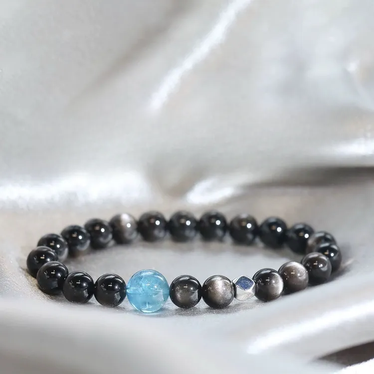天然银曜石手串S925银配件海蓝宝珠黑曜石手串纯天然真品男女同款