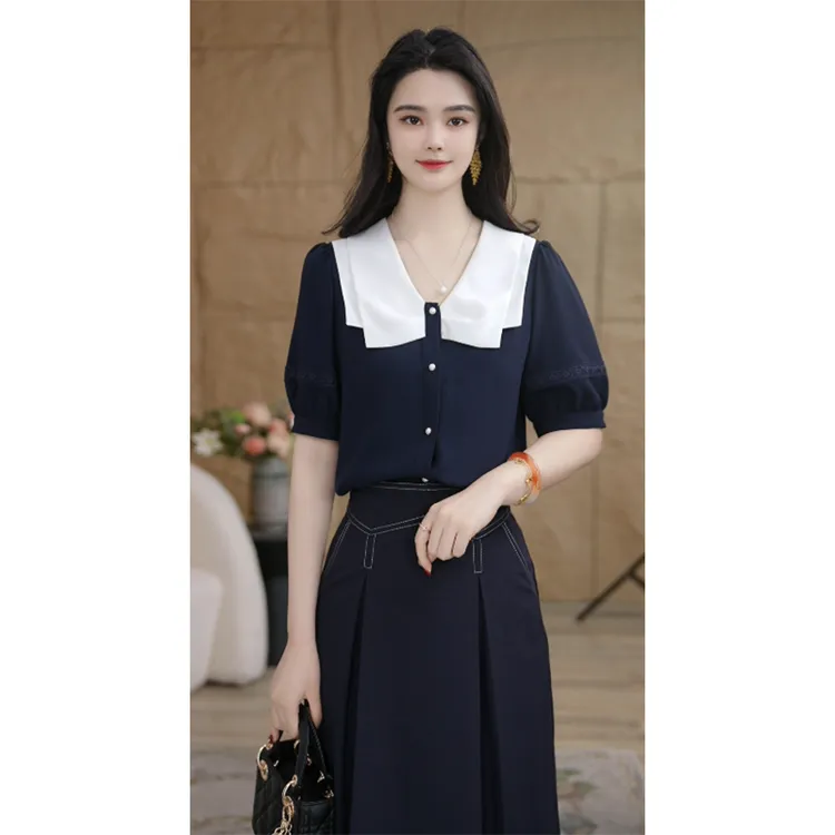 【杨杨专属】夏季女清爽短袖衬衫设计感气质洋气上衣8592505藏青色