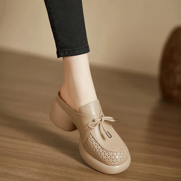小个子手工女鞋6.5cm~厚底包头镂空蝴蝶结外穿懒人鞋复古百搭拖鞋