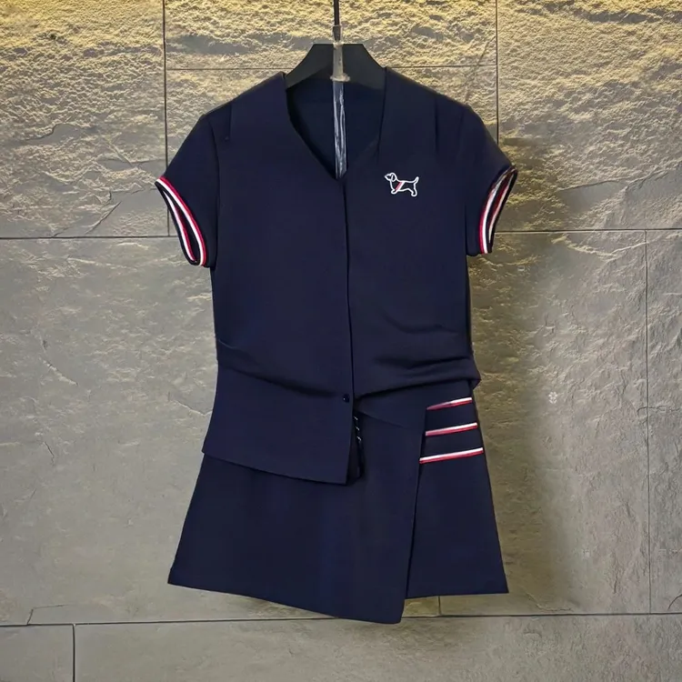 设计师款丨<条纹狗系列>宽松版夏季T恤短裙休闲翻领套装