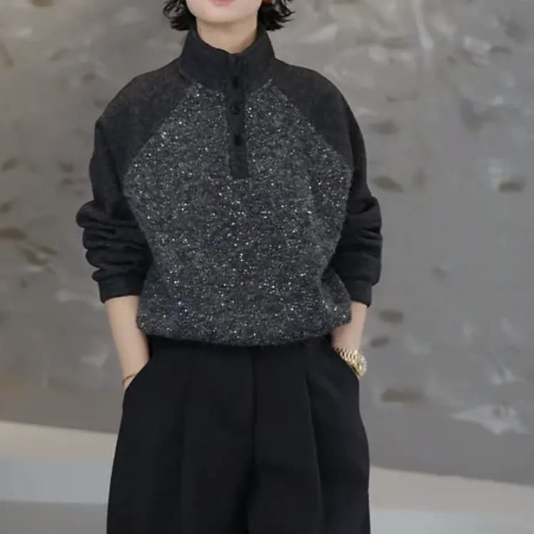 【星夜卫衣】2025冬季新款高级感半纽扣时尚带亮片下摆带抽绳卫衣