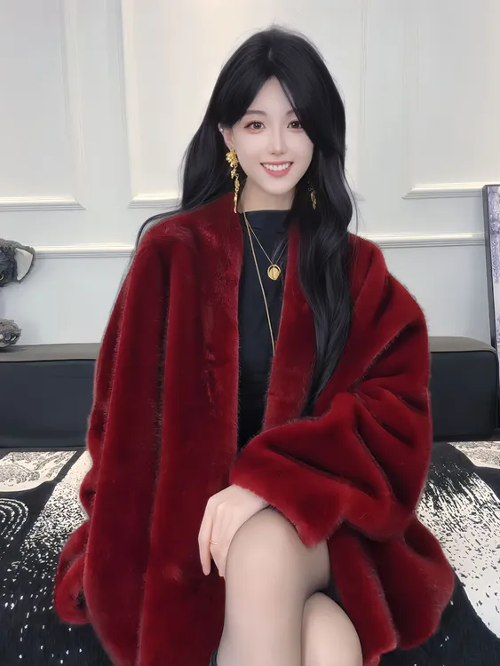 【晴子】2025新款欧貂毛环保加厚贵气简约气质斗篷披肩式毛毛外套