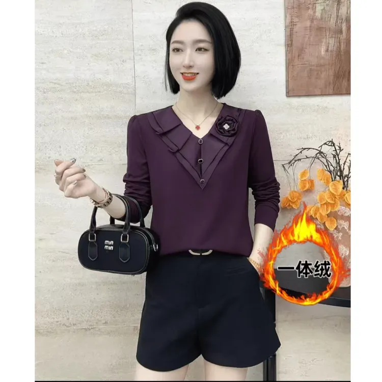 秋冬一体绒抗皱轻V领法式长袖T恤气质洋气修身显瘦减龄遮肉一枝花