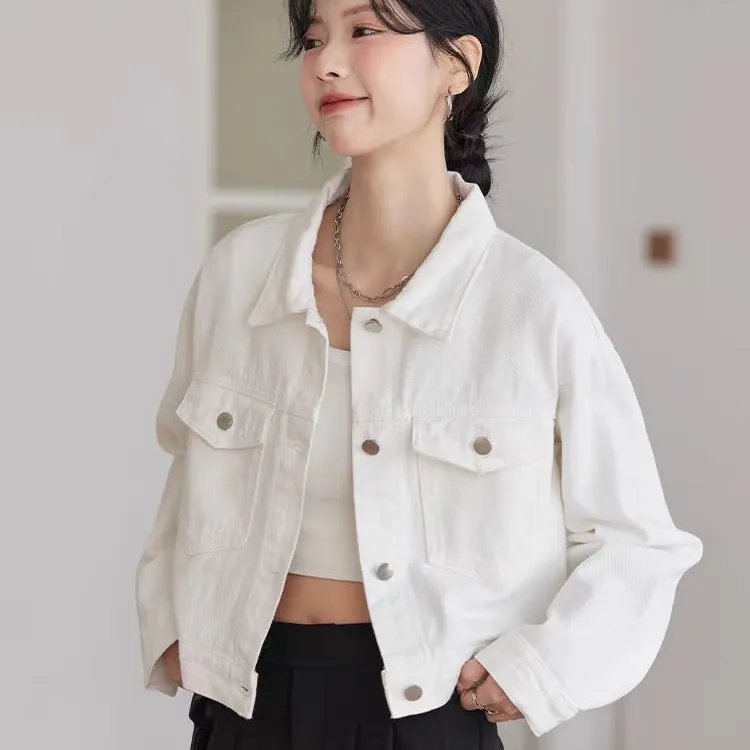 白色短款牛仔外套女2025年春秋季新款韩版宽松小个子翻领夹克上衣