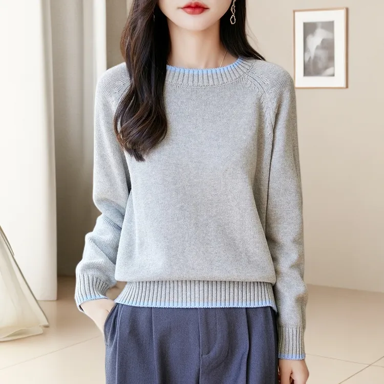 毛衣女拼色软糯保暖圆领套头宽松减龄百搭短款休闲