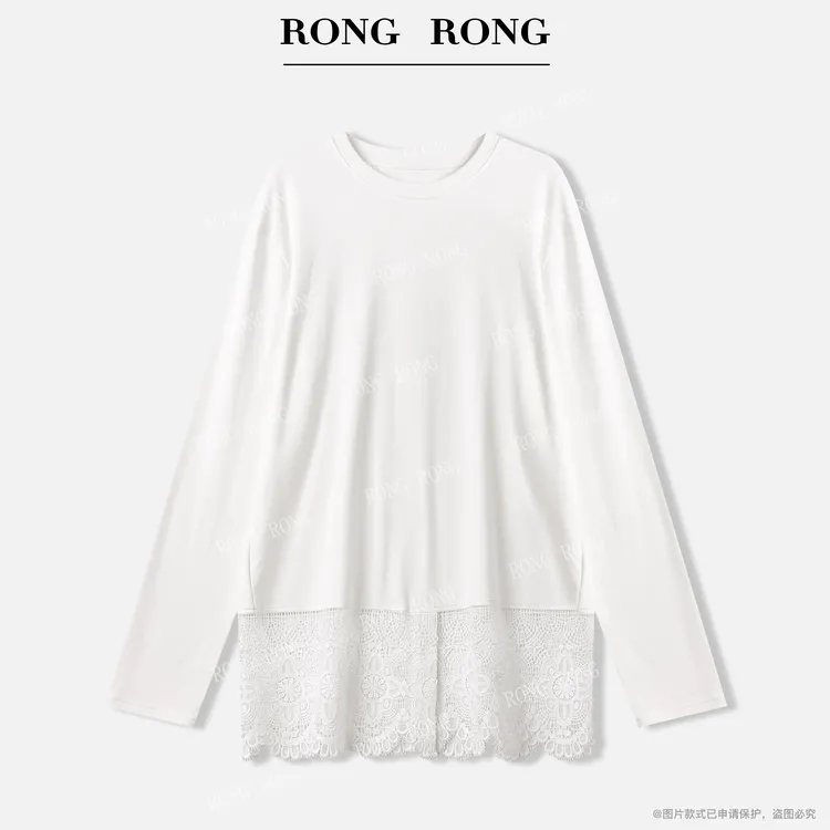 溶溶S【白茶栀子】RONGRONG 简约蕾丝花边拼接下摆长袖T恤F26QT5078