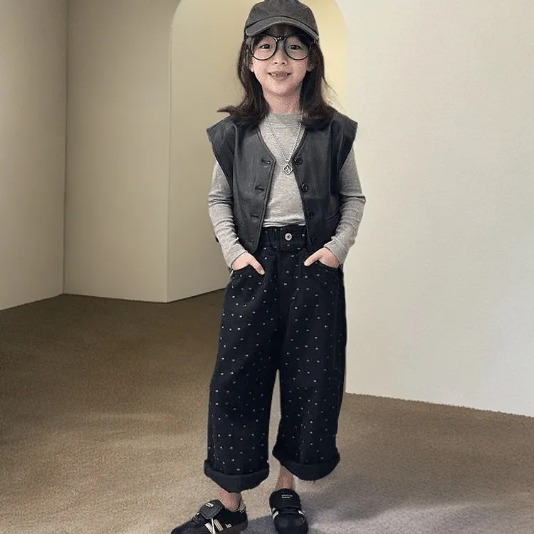 女童皮衣马甲2025新款韩版童装中大童春秋时髦打底衫牛仔裤三件套