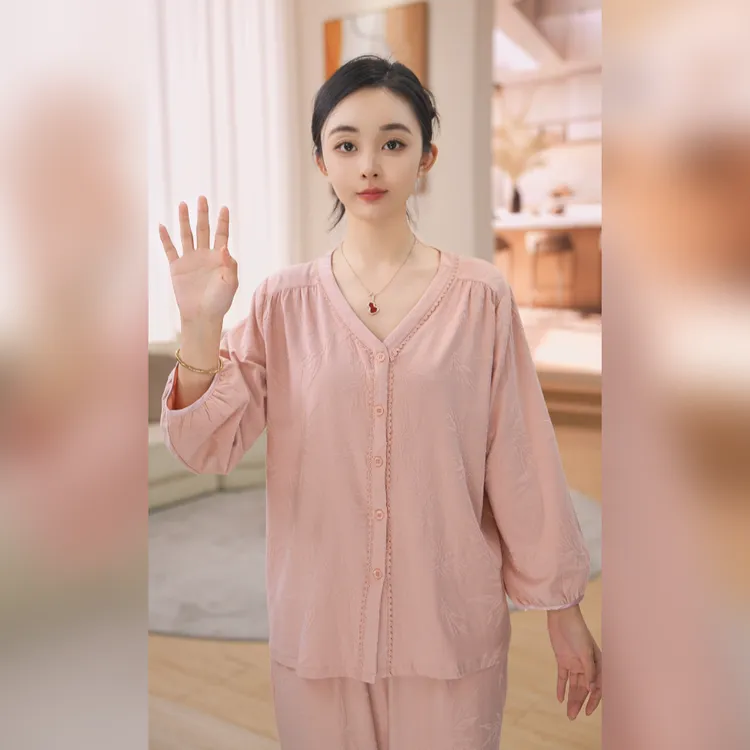 秋鹿秋季【甜粉】针织提花V领九分袖九分裤睡衣女款