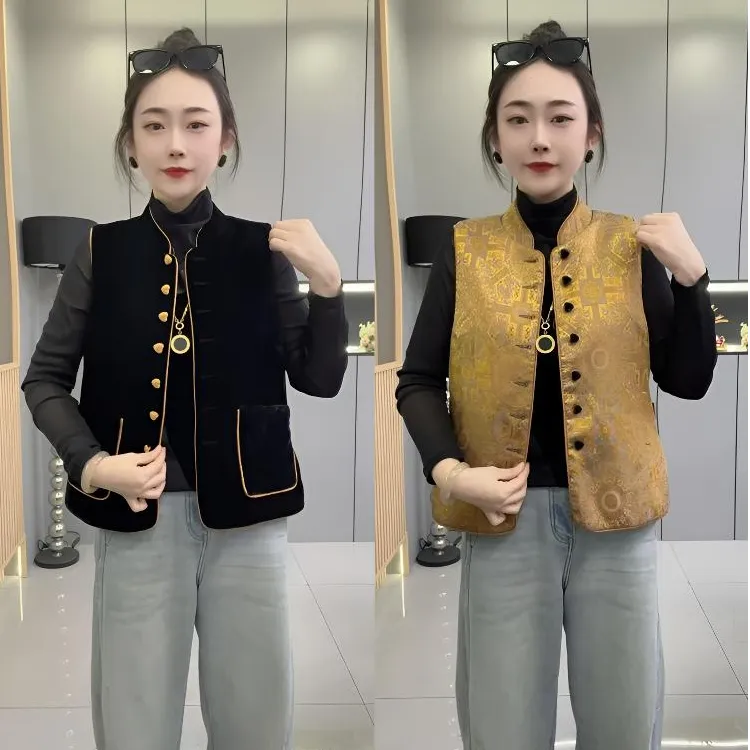 洋➕901新中式立领国风提花显瘦修身轻奢桃心扣(双面穿)女马甲