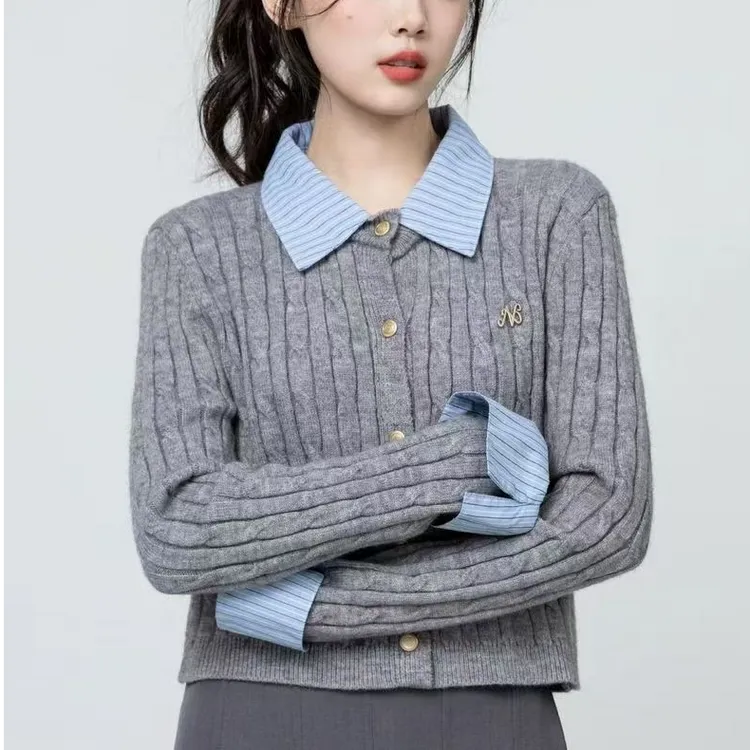 学院风灰色假两件拼接针织衫女2025秋季新款小个子修身开衫上衣潮